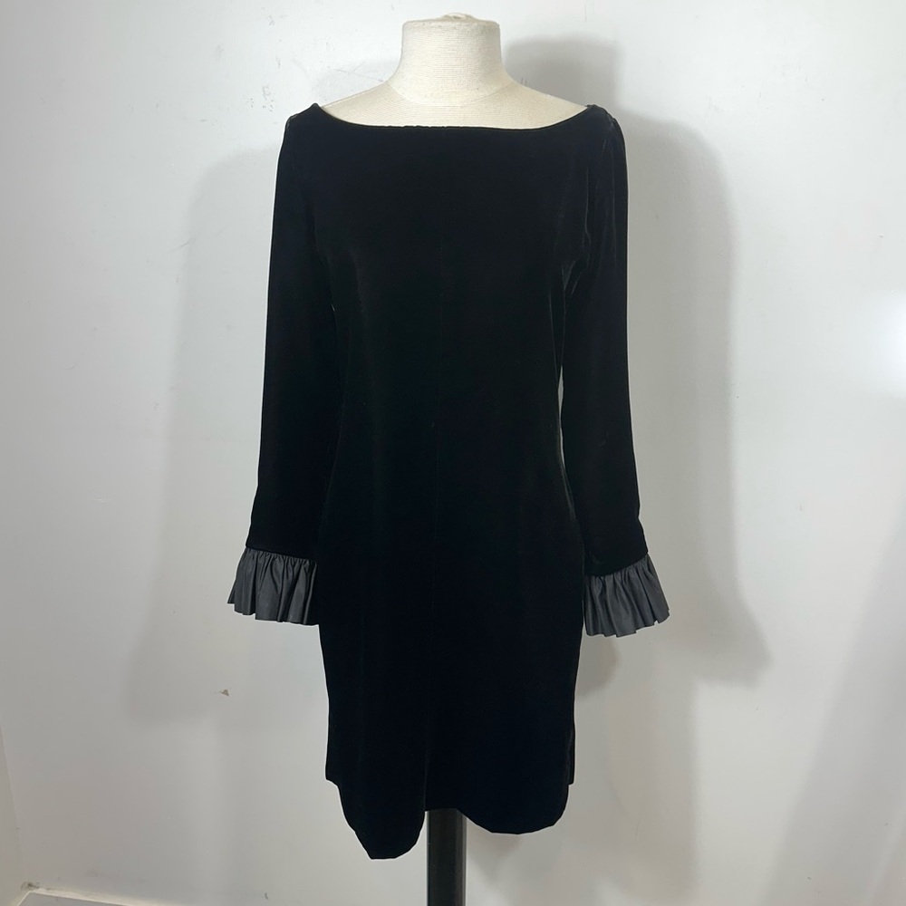 Yves Saint Laurent Rive Gauche Vintage Velvet Long Sleeve Ruffled Black Dress 42